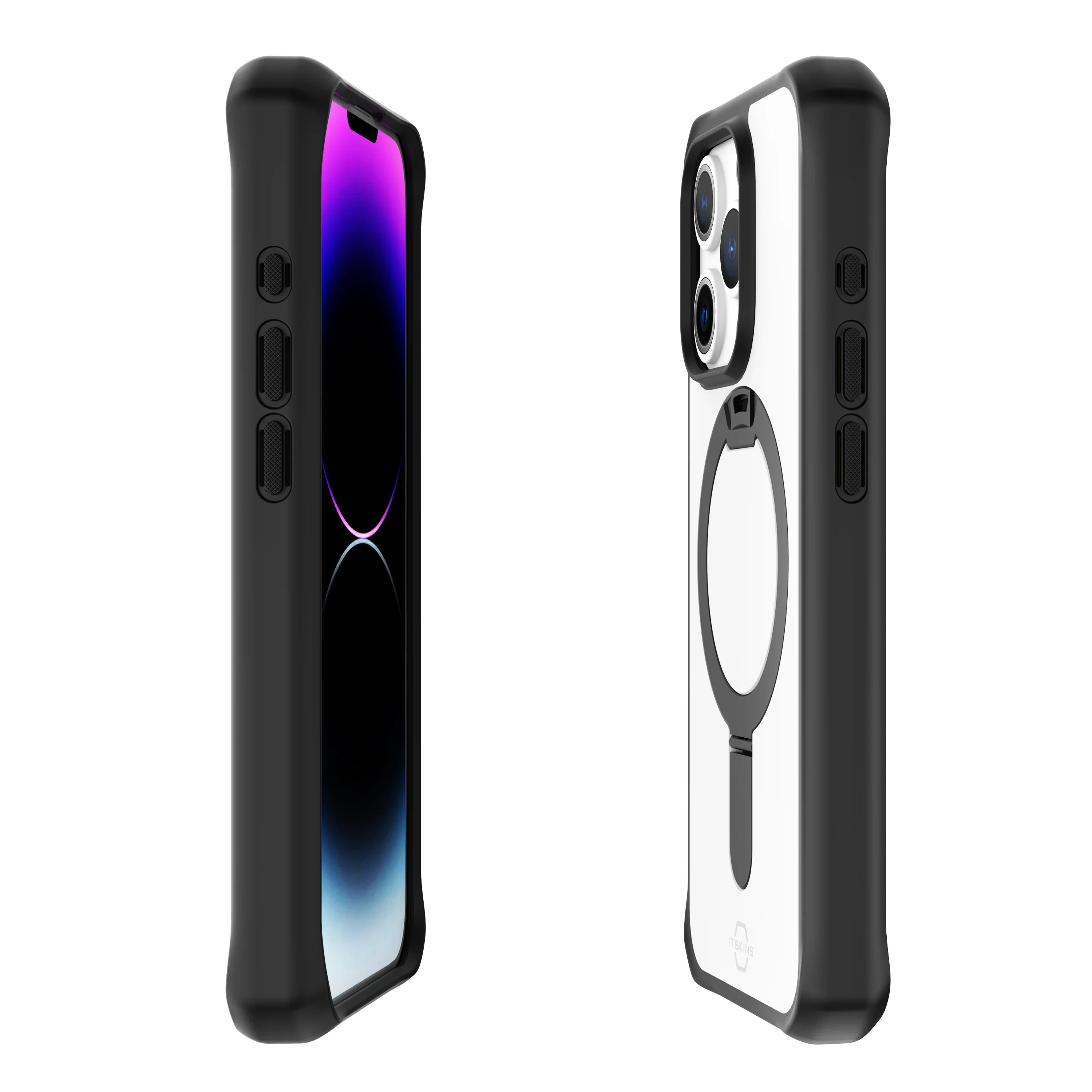 Itskins Hybrid Stand iPhone 15 Pro Max Magsafe Case - Black And Transparent - Tashqila Itskins Hybrid Stand iPhone 15 Pro Max Magsafe Case - Black And Transparent - Tashqila